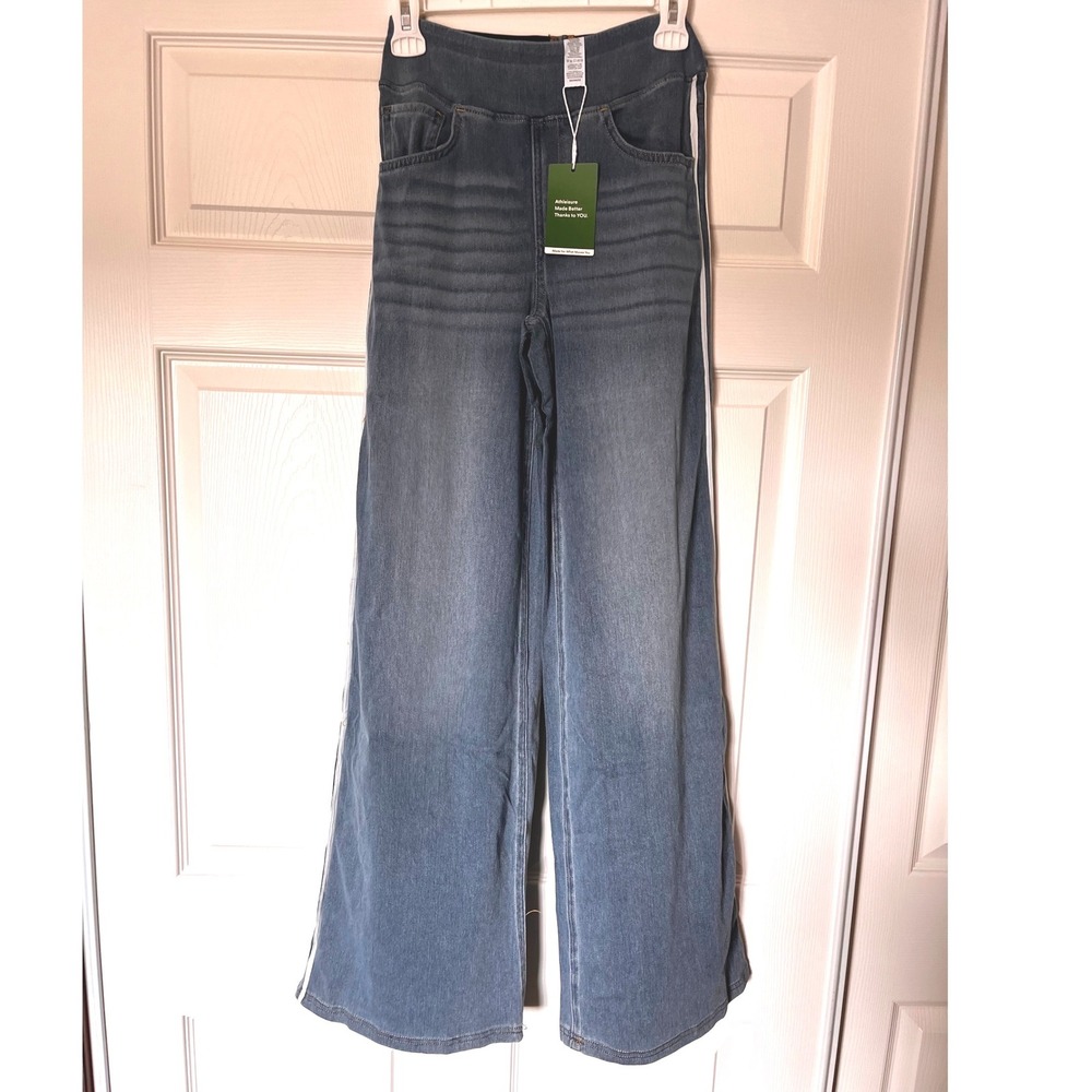 Halara Womens XS Regular Blue Wide Leg Side Stripe Pull On Denim Pants NEW